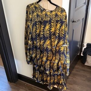 Never Fully Dressed Navy & Yellow Leaf Pattern Matching Set-Blouse & Midi Skirt